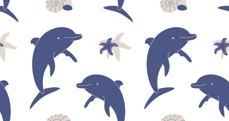 Obraz premium Ocean seamless pattern with dolphins, shells and starfish. Marine life background