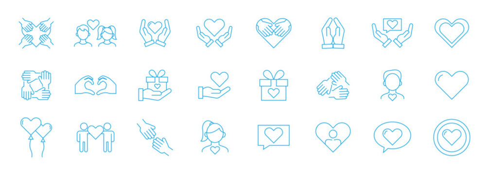 Love and relationship line icons. heart icon set, people icon set, hands icon set. friendship icons set. Charity human care icons set. Care and support icon set. 