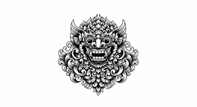 Intricate monster face illustration, ornate mythical creature, detailed ornamental demon head, fierce folklore art, black and white graphic.