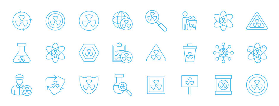 Nuclear icon set. Nuclear Energy Line icon set related to nuclear energy,hazard,radiation safety. Nuclear, atom, radioactive, radiation, nuclear plant, bomb, and more. Vector illustration.