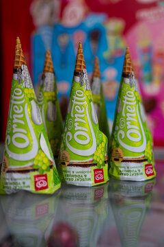 Bangkok, Thailand - June 04, 2026 : The cornetto muscat grape and yoghurt is a refreshing, limited edition.