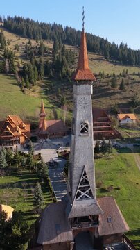 Aerial drone view of the Monastery Acoperamantul Maicii Domnului in Dorna Arini, Suceava County, Romania. Vertical