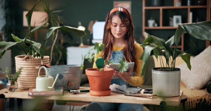 Florist, scroll and woman with tablet in house, reading and plant research for sustainable business. Entrepreneur, indoor garden and person with tech for online shop, typing and inventory on website
