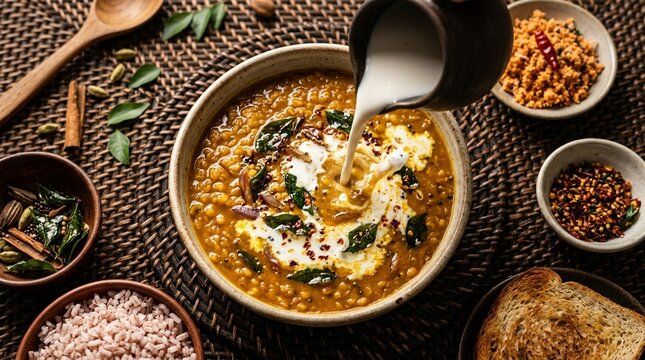 Sri Lankan Dhal Lentil Curry Action Pour | Coconut Milk Turmeric | South Asian Food Stock Photo