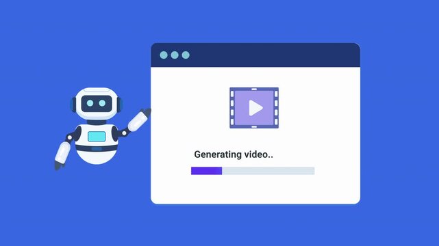 Animated robot assistant presenting a video generation interface with progress indicator and media icon. Looping motion graphic ideal for video production, content creation, and digital technology con