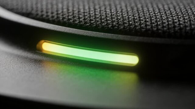 Powering on device displaying pill-shaped LED glowing amber-to-green on dark desk, textured grille