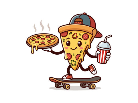 Cartoon pizza slice mascot character wearing a backward baseball cap and red sneakers riding a skateboard while carrying a steaming hot pepperoni pizza and a striped soda cup with straw.
