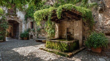 Naklejka premium Stone fountain courtyard overgrown with greenery