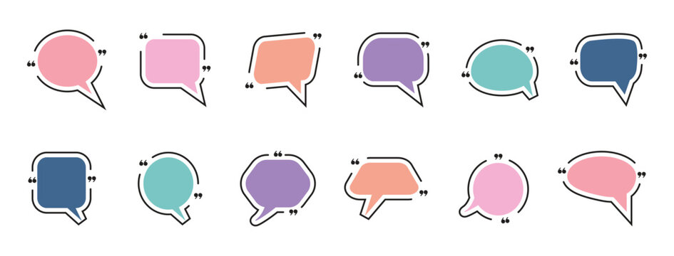 Collection of quote box frames and icons. Templates of texting black line quote frames for definition, remark, and citation design. Creative vector retro marks, Dialogue frame sign business concept.