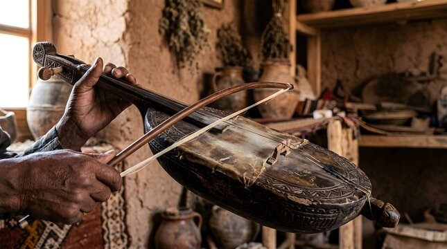 Playing Traditional Musical Instrument Kecapi Indung Zither in Rustic Indoor Setting, Close-Up View