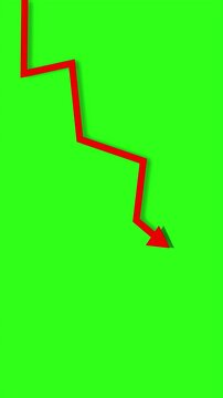 Red zigzag arrow animation on green screen, downward trend pointer, falling graph indicator, decline direction symbol, financial loss arrow, chroma key motion graphic overlay