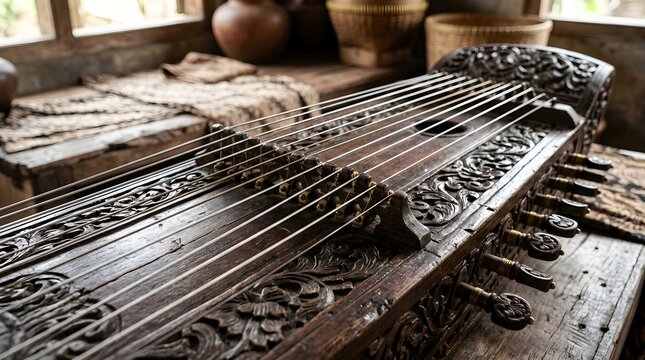 Close-up View of Traditional Ornate Musical Instrument Kecapi Indung Zither on Rustic Wooden Table Indoors