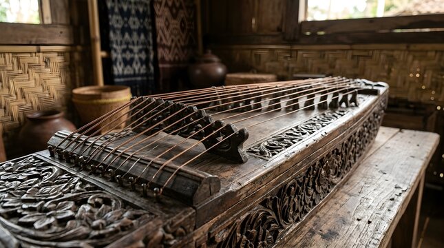 Ornate Traditional Musical Instrument Kecapi Sundanese Zither Displayed Indoors Close-Up View
