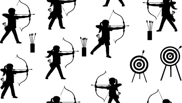 Silhouette Archers Practicing Bow and Arrow Target Shooting Patterns.