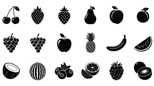 Collection Of Fruit Silhouettes In Black And White Flat Vector Illustration Silhouette