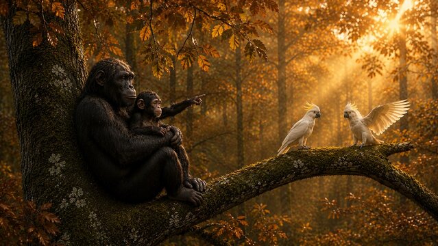 A mother and baby chimpanzee are watching white parrots