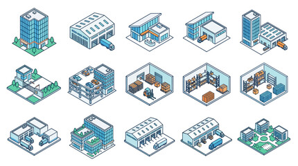 Fototapeta premium Isometric office buildings and interiors.