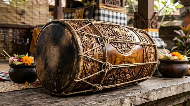 Decorated Traditional Kendang Musical Instrument Drum Displayed on Wooden Table in Cultural Setting