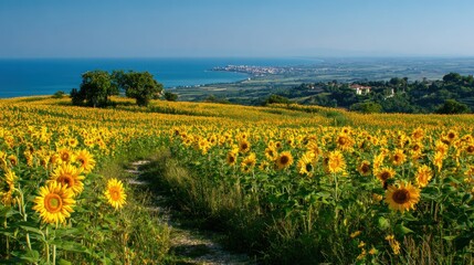 Fototapeta premium Sunflower field overlooking coastal landscape