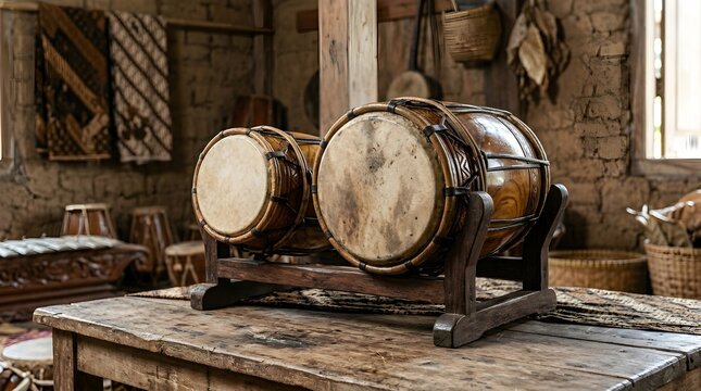Traditional Musical Instrument Kendang Drum on Wooden Table in Rustic Indoor Environment, Cultural Viewpoint