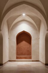Obraz premium Minimalist Islamic Mihrab Prayer Niche with Vaulted Ceiling Terracotta Plaster and Copy Space Background