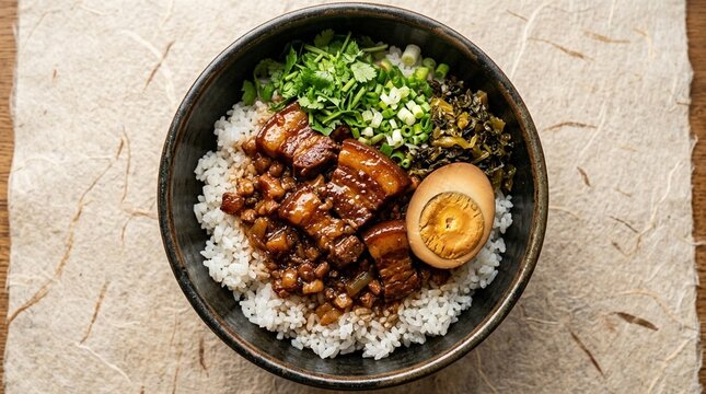 Lu Rou Fan Taiwanese Braised Pork Rice Bowl | Minced Pork on Rice | Taiwan Street Food Stock Photo