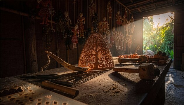 Traditional thai shadow puppet workshop with intricate craftsmanship
