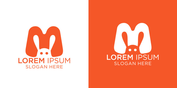 letter M and moster Rabbit logo design, Modern logo design with rabbit silhouette and customizable text