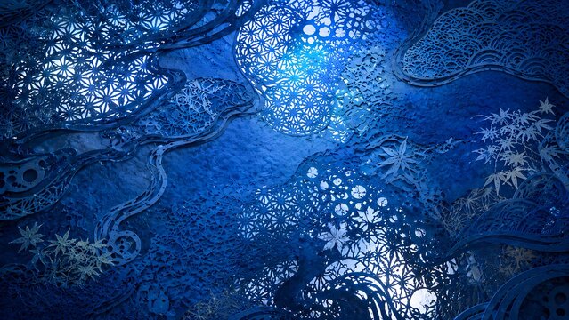 Abstract deep blue Japanese traditional papercut background with elegant geometric patterns and copy space