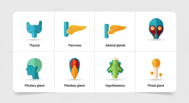Flat vector illustration of human endocrine system glands and organs