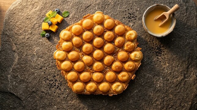 Hong Kong Bubble Egg Waffle Golden Crispy Overhead | Gai Daan Jai | Asian Street Snack Stock Photo