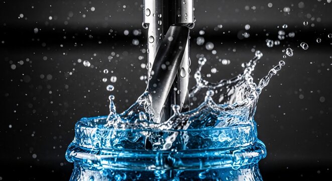 Close-up of a drill bit submerged in a splash of blue water with droplets flying in all directions creating a dynamic and energetic scene perfect for industrial and technology themes