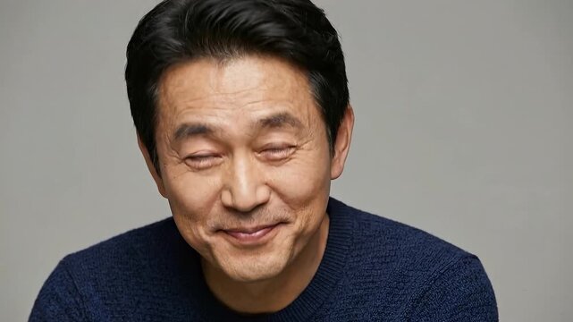 Smiling adult man with dark hair wearing blue sweater looking at camera with warm joyful expression on neutral background