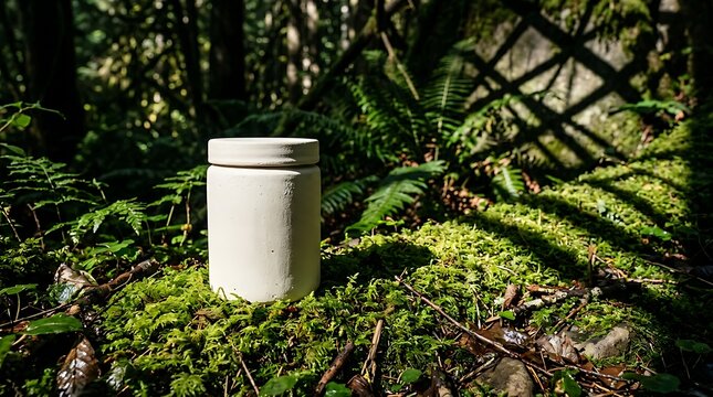 Eco-friendly biodegradable urn for ash in a lush forest setting with ferns and moss, natural burial, sustainable memorial, serene outdoor resting place.