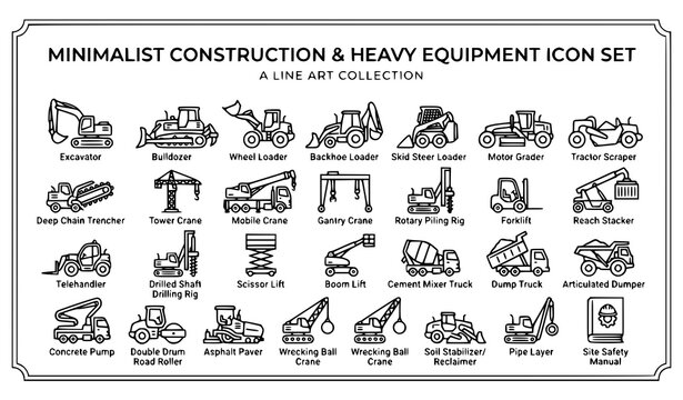 Heavy equipment outline icon set construction vehicle collection