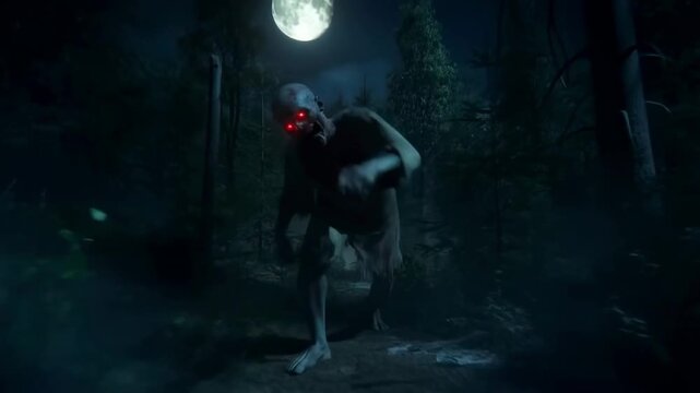Mysterious creature stalks through moonlit forest under full moon