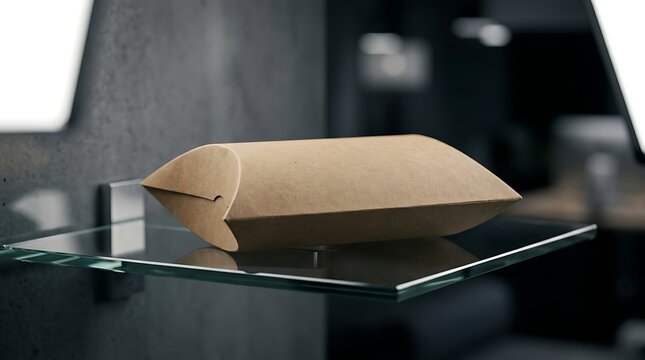 Minimalist shot of a brown cardboard takeaway food box resting on a clear glass shelf with a dark, modern, out-of-focus interior background, emphasizing eco-friendly packaging.