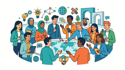 Fototapeta premium Diverse group of people collaborating around a world map with various icons and symbols in a vibrant, illustrative style on a clean white background.