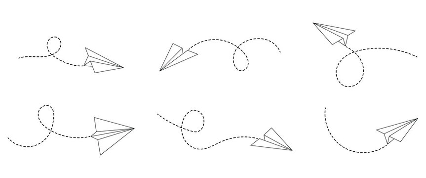 Paper planes vector icon set with dotted line on white background. Outlines of paper airplanes flying from different angles and directions. Travel, Message, Mail symbols. Vector illustration.