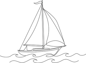 Sailing Boat Line Drawing With Waves Minimalist Silhouette Style © Juyel