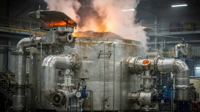 Medium shot of batch pulping digester releasing steam clouds as wood chips cook inside showcasing industrial chemical pulping process with detailed steam and machinery