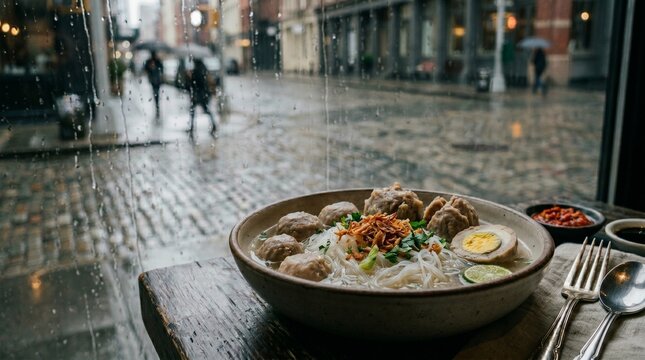 bakso kuah dengan bihun di taburi daun bawang dan bawang goreng dan toping telur rebus di nikmati di saat dingin dan ketika hujan turun lebih enak, lebih dengan di tambah dengan cabai agar lebih pedas
