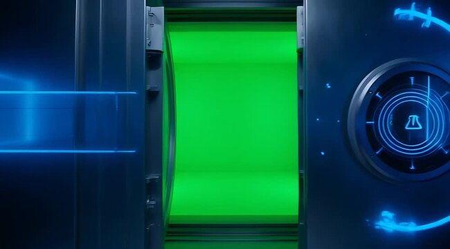 Futuristic Digital Vault Opens Revealing Bright Green Interior With Abstract Cybernetic Lock Mechanism Glowing Blue Light Security Concept