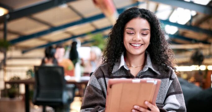 Happy, student and woman in university with tablet, education and online research for assignment task. Person, study and smile in college with tech, learning and reading ebook for academic project.