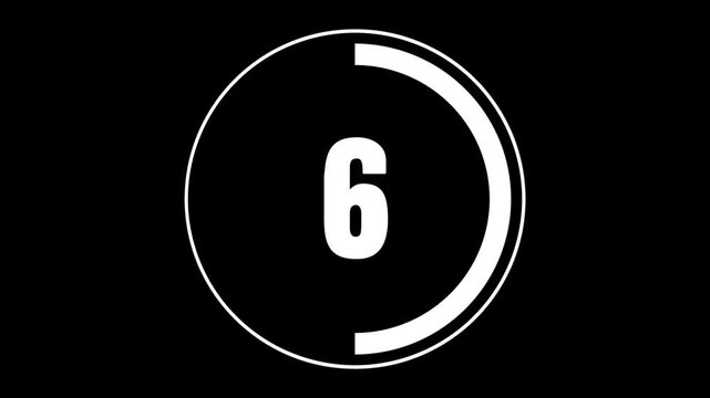 Minimalist circular countdown timer animation featuring decreasing numbers with smooth progress bar motion on a clean black background, for broadcast, digital, presentations, and media editing