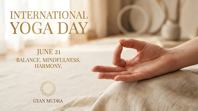 International yoga day celebration poster featuring meditative hand mudra