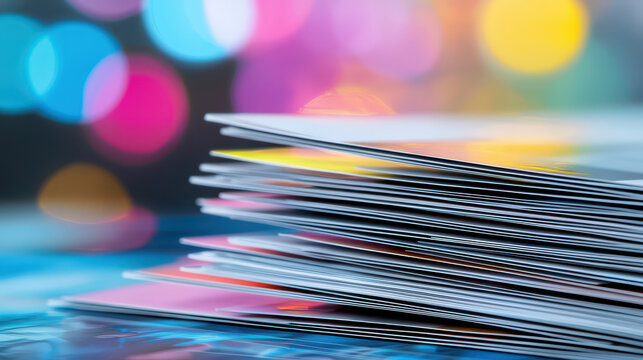 Colorful flyers stacked on surface with blurred bokeh background, creating vibrant and inviting atmosphere