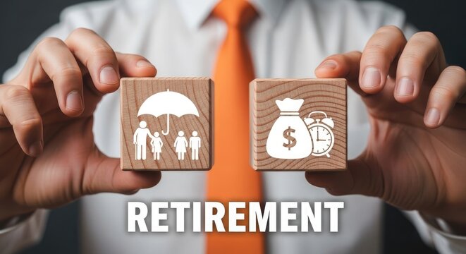 Businessman holding wooden blocks with retirement planning symbols for insurance and savings for a secure financial future concept