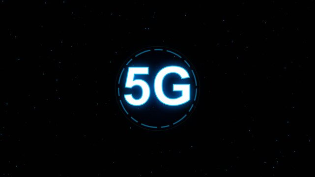 5G network technology concept with glowing blue text and digital elements on dark space