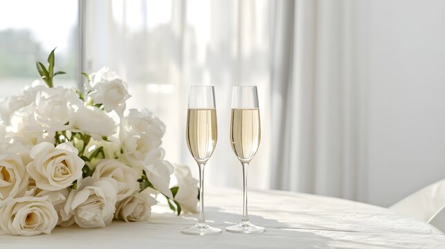 Two champagne glasses with white roses on wedding table setup